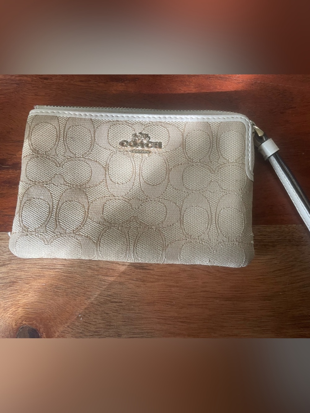 Coach Beige Signature Wristlet Clutch with Gold Logo